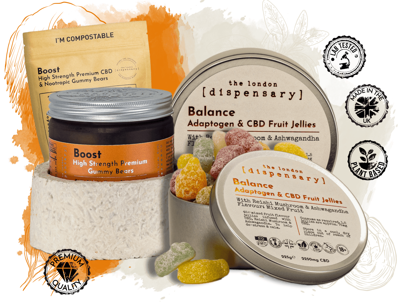 The London Dispensary, award winning gummies. With CBD, ashwagandha, reishi, lions mane, adaptogens and nootropics.